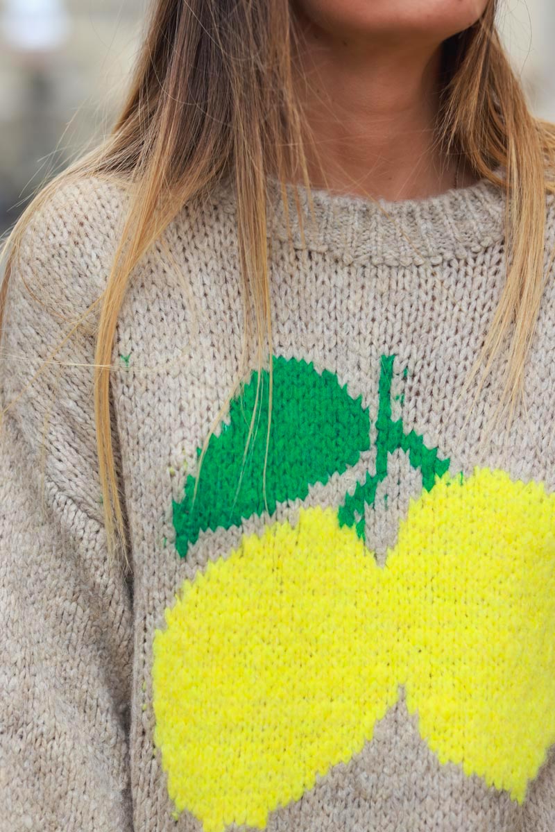PULL GROSSE MAILLE  MOTIF CITRONS LEMON