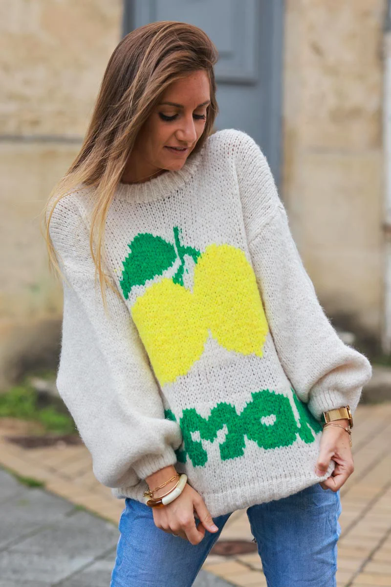 PULL GROSSE MAILLE  MOTIF CITRONS LEMON