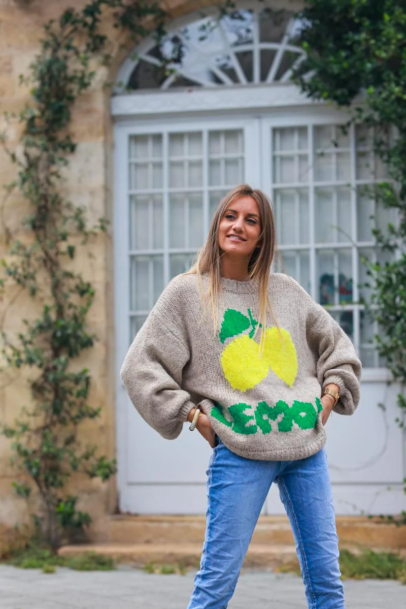 PULL GROSSE MAILLE  MOTIF CITRONS LEMON