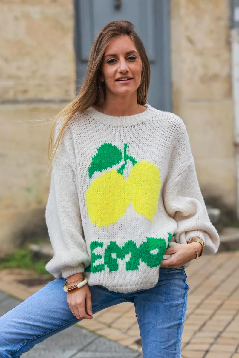 PULL GROSSE MAILLE  MOTIF CITRONS LEMON